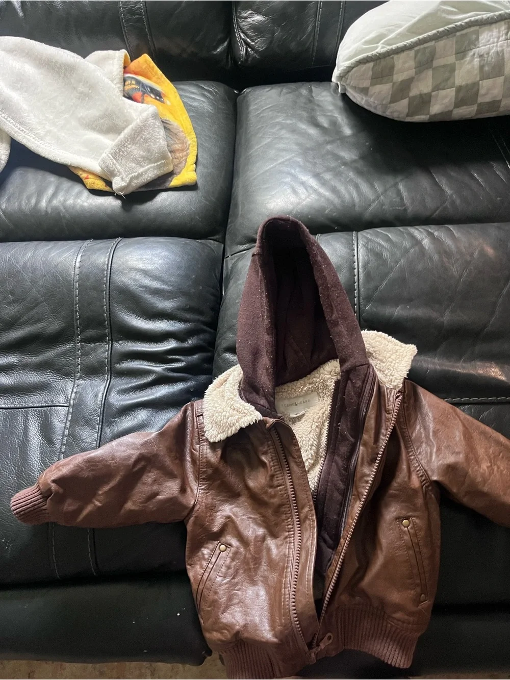 GAP Kids Brown Faux Leather Hooded Puffer Jacket with Sherpa Collar